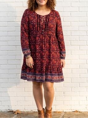 Boho Fall Mini Dress Deer Floral Print Velvet Trim Cottagecore Long Sleeve L